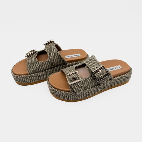 Steve Madden Karrigan Raffia Platform Slide Sandals Olive Woven Buckle 8 NEW - Picture 2 of 15